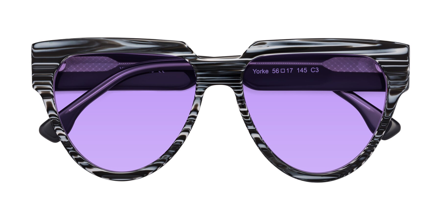 Folded Front of Yorke in Zebra-Print with Medium Purple Tinted Lenses