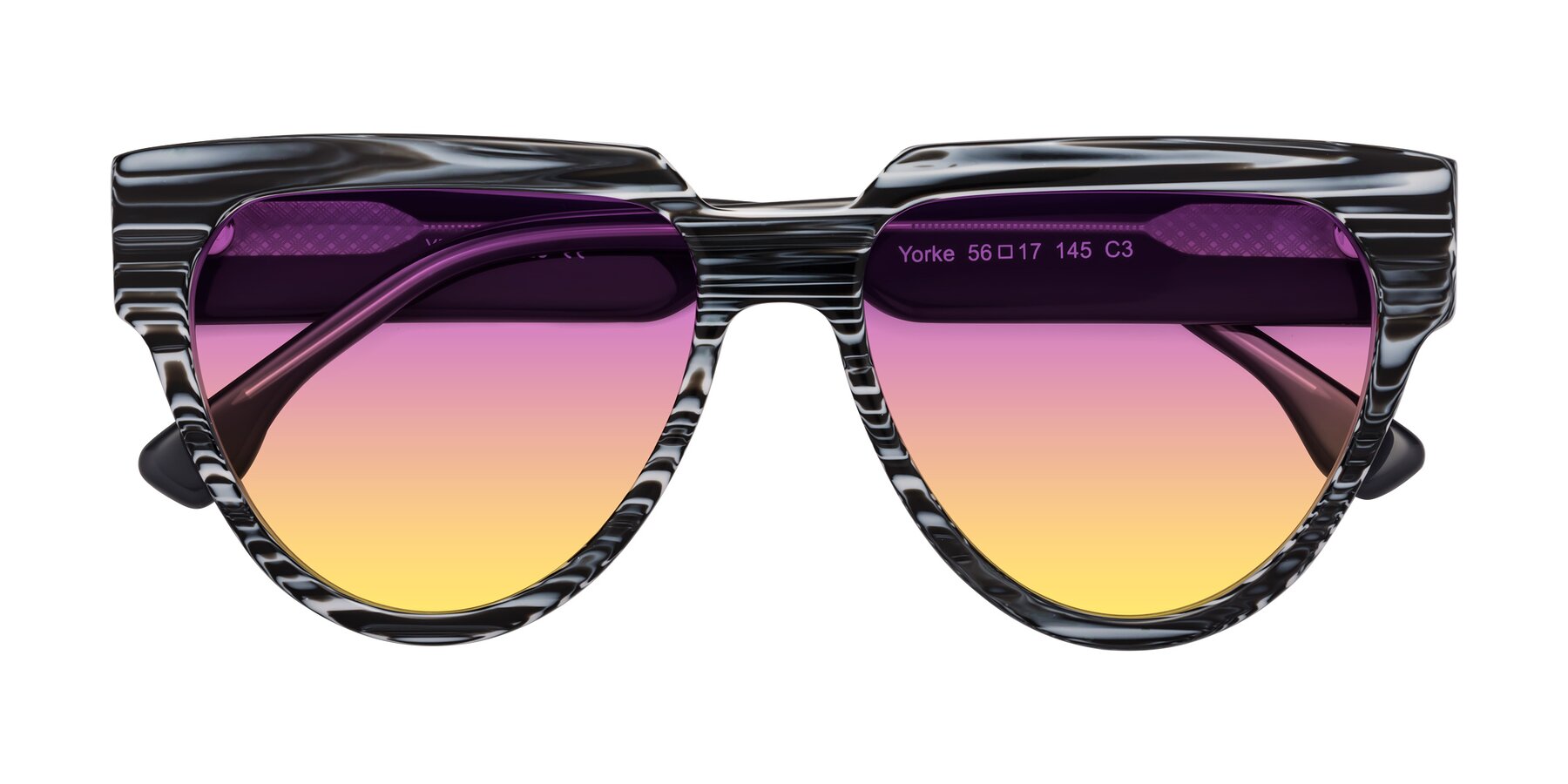 Folded Front of Yorke in Zebra-Print with Purple / Yellow Gradient Lenses