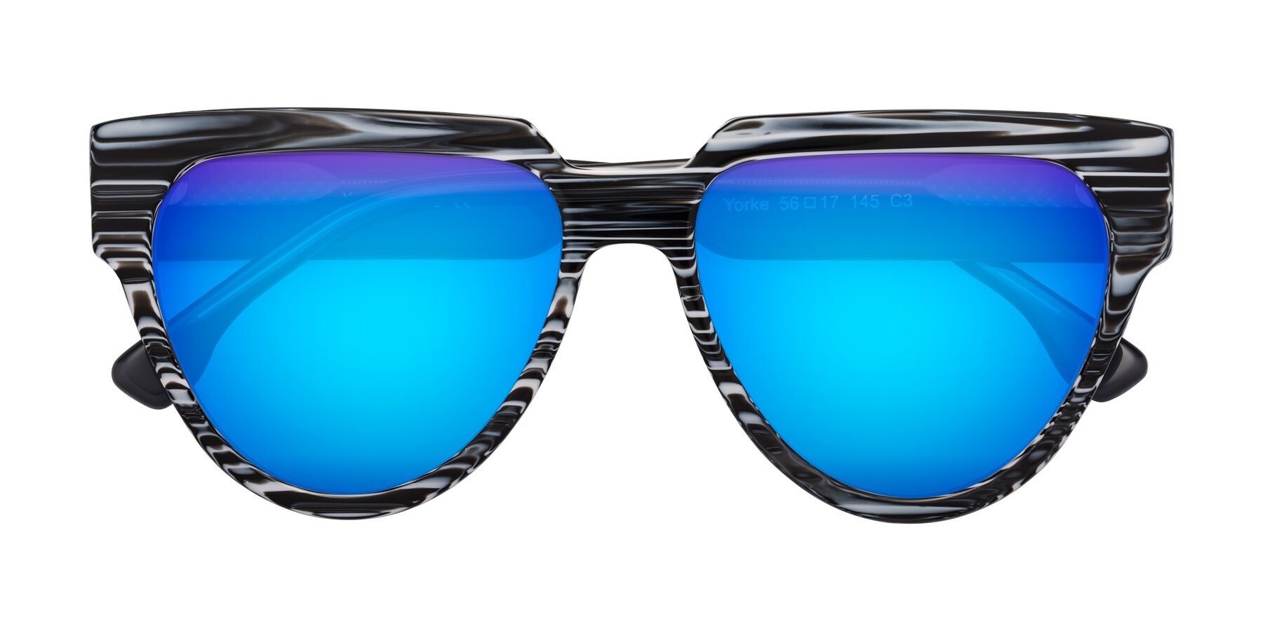 Folded Front of Yorke in Zebra-Print with Blue Mirrored Lenses