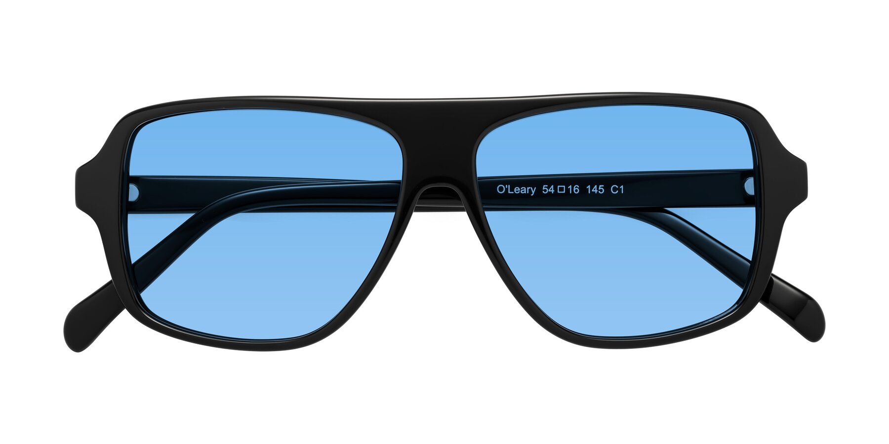 Folded Front of O'Leary in Black with Medium Blue Tinted Lenses