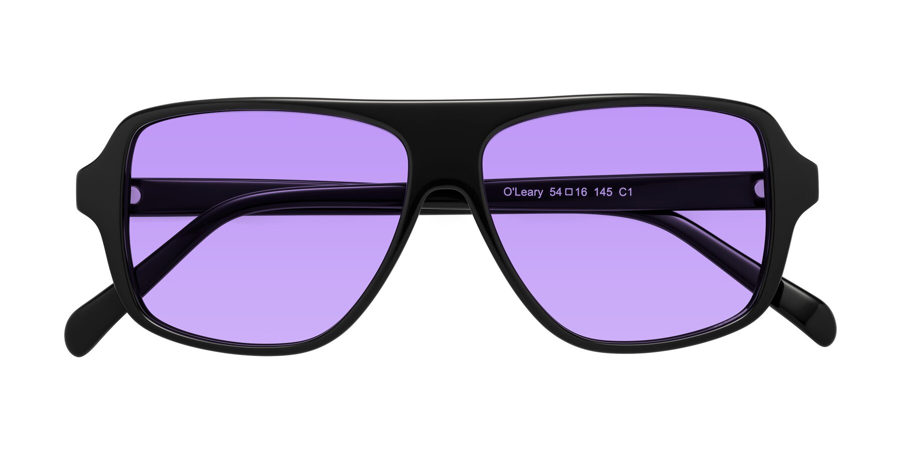 Folded Front of O'Leary in Black with Medium Purple Tinted Lenses