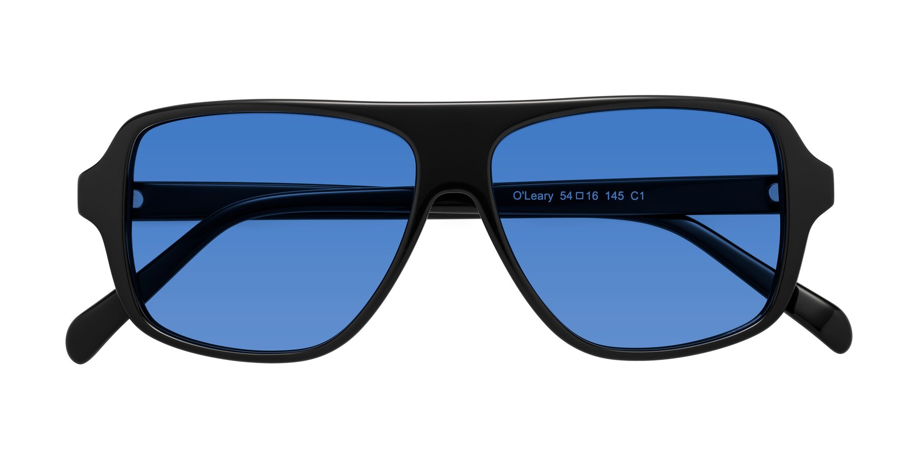 Folded Front of O'Leary in Black with Blue Tinted Lenses