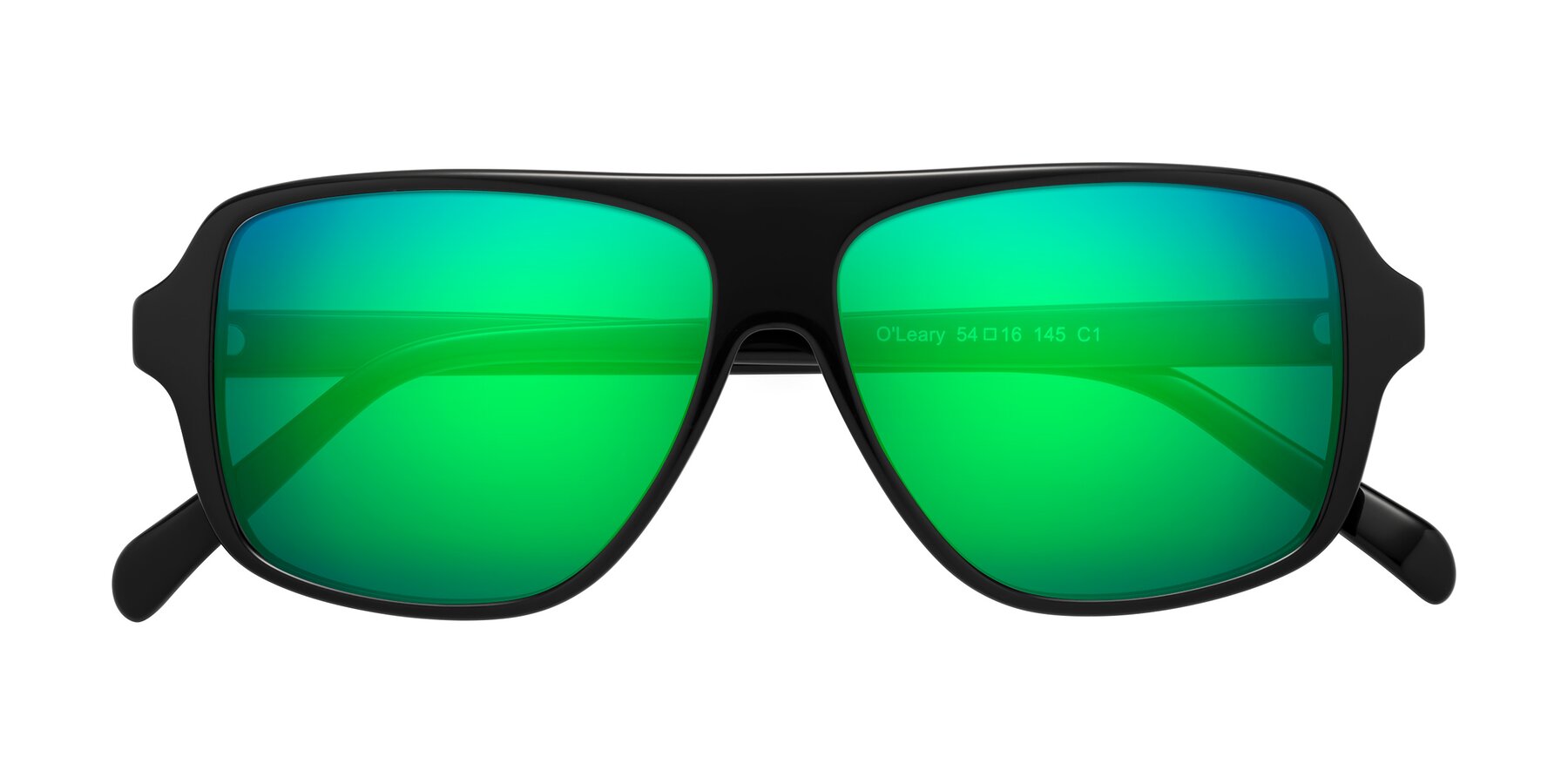 Folded Front of O'Leary in Black with Green Mirrored Lenses
