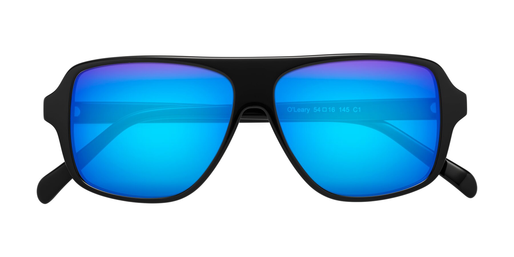 Folded Front of O'Leary in Black with Blue Mirrored Lenses
