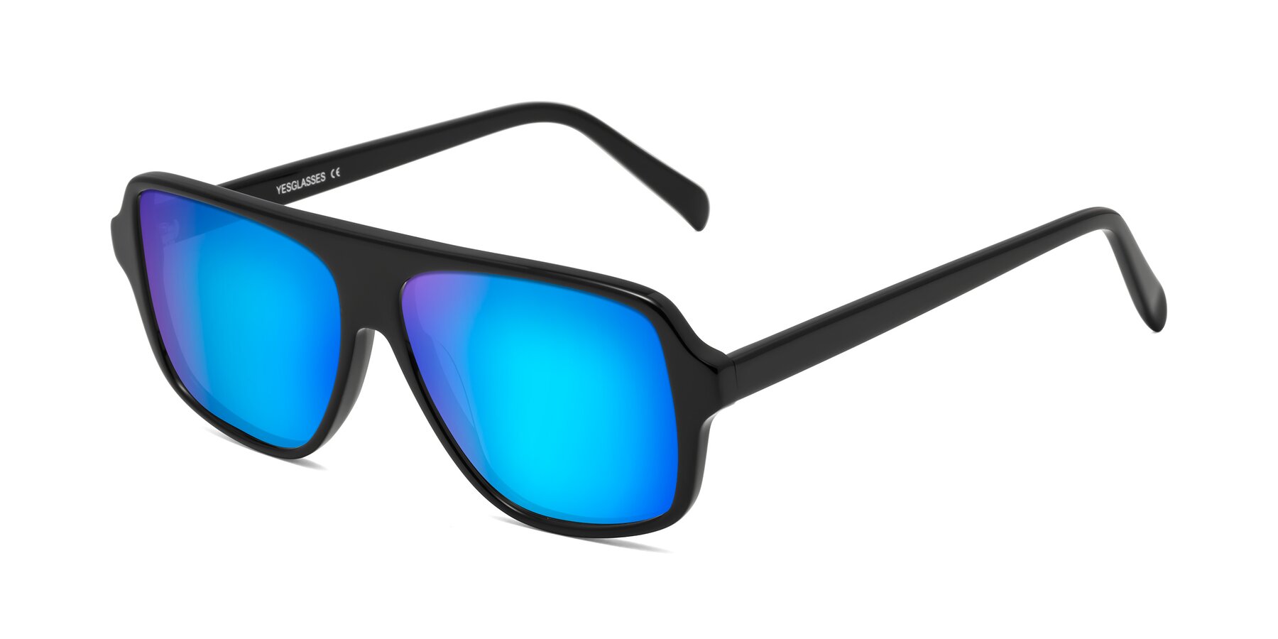 Angle of O'Leary in Black with Blue Mirrored Lenses