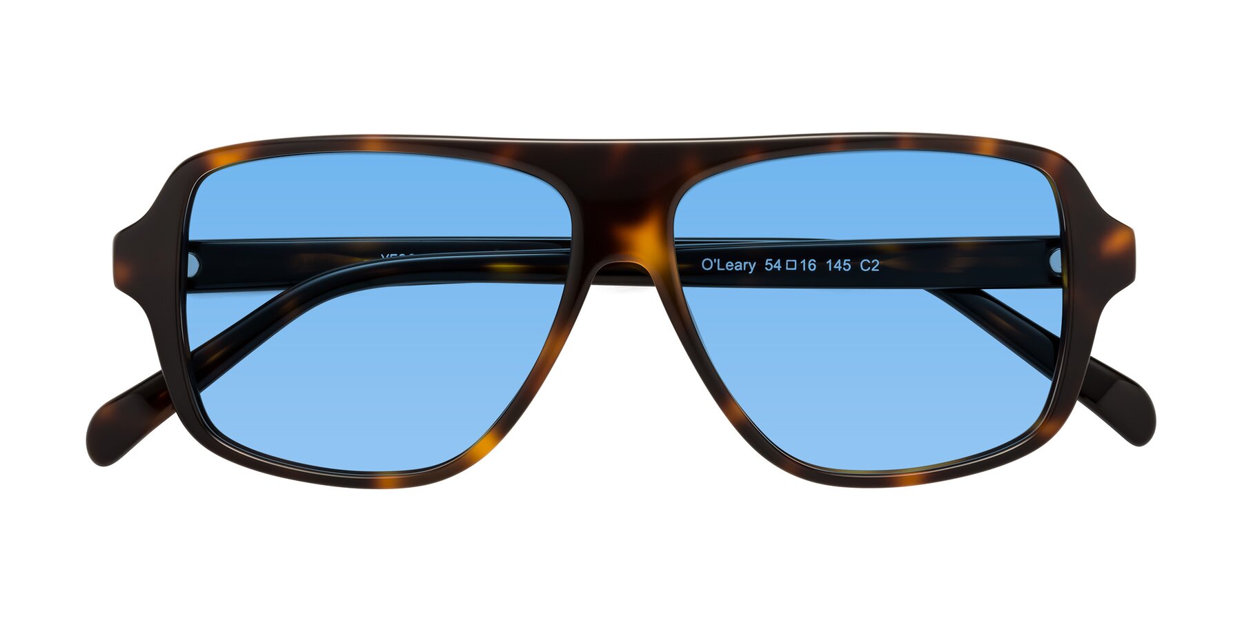 Folded Front of O'Leary in Tortoise with Medium Blue Tinted Lenses