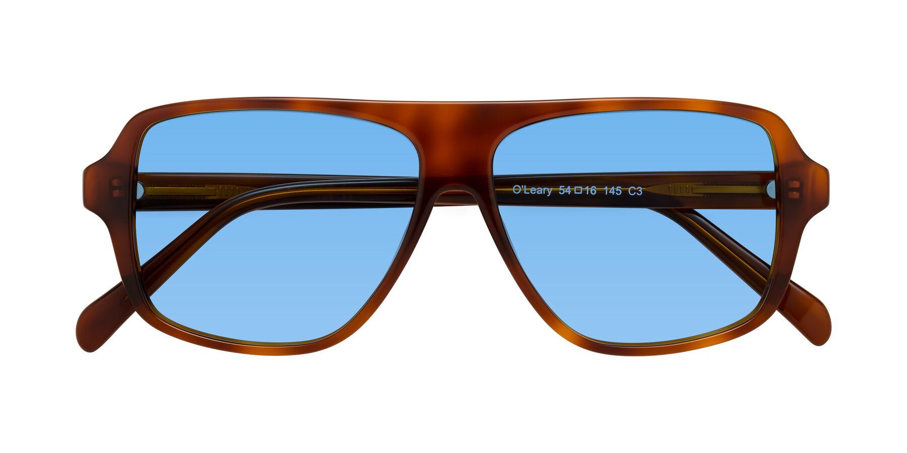 Folded Front of O'Leary in Maple Syrup with Medium Blue Tinted Lenses