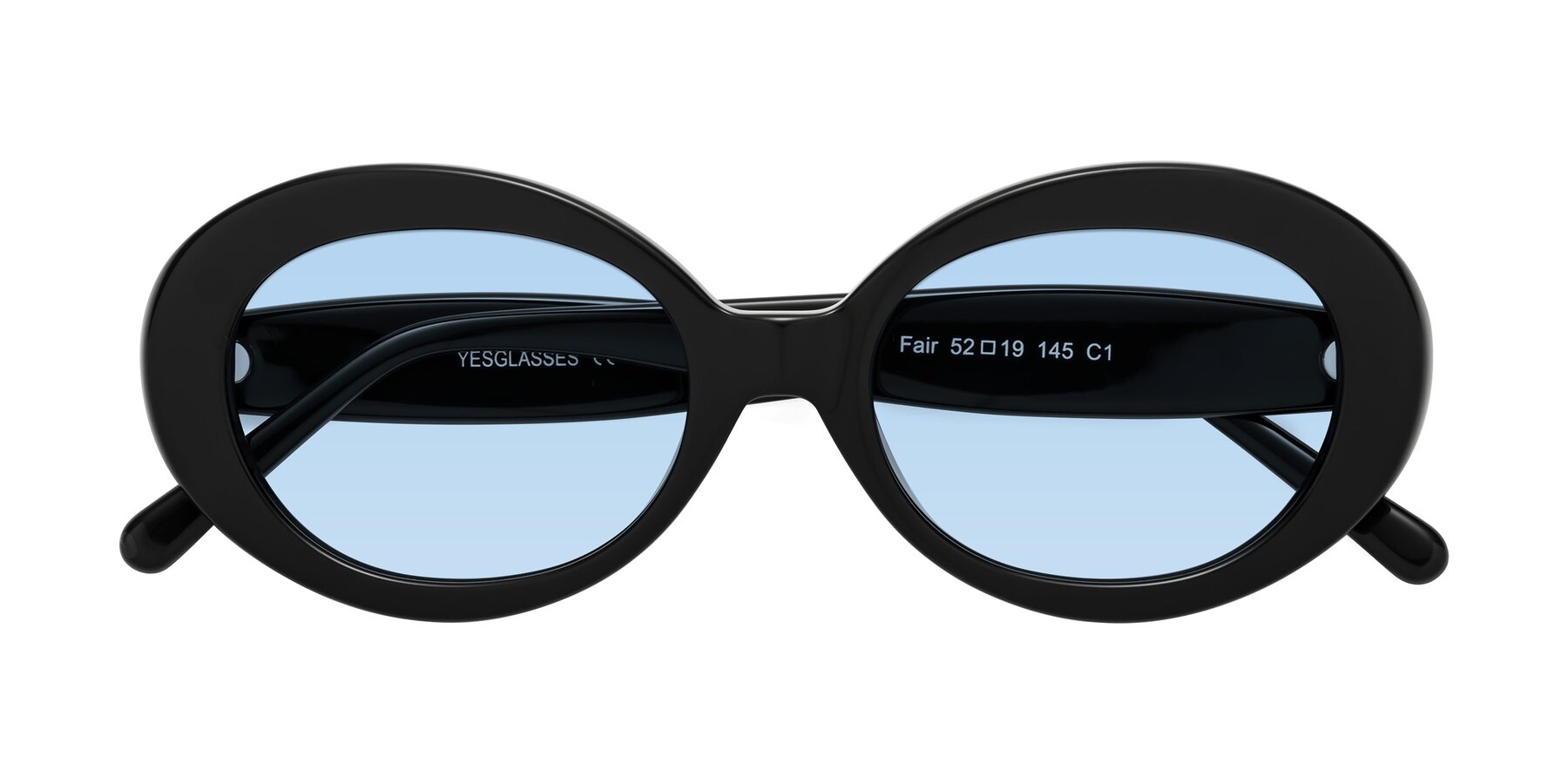Folded Front of Fair in Black with Light Blue Tinted Lenses