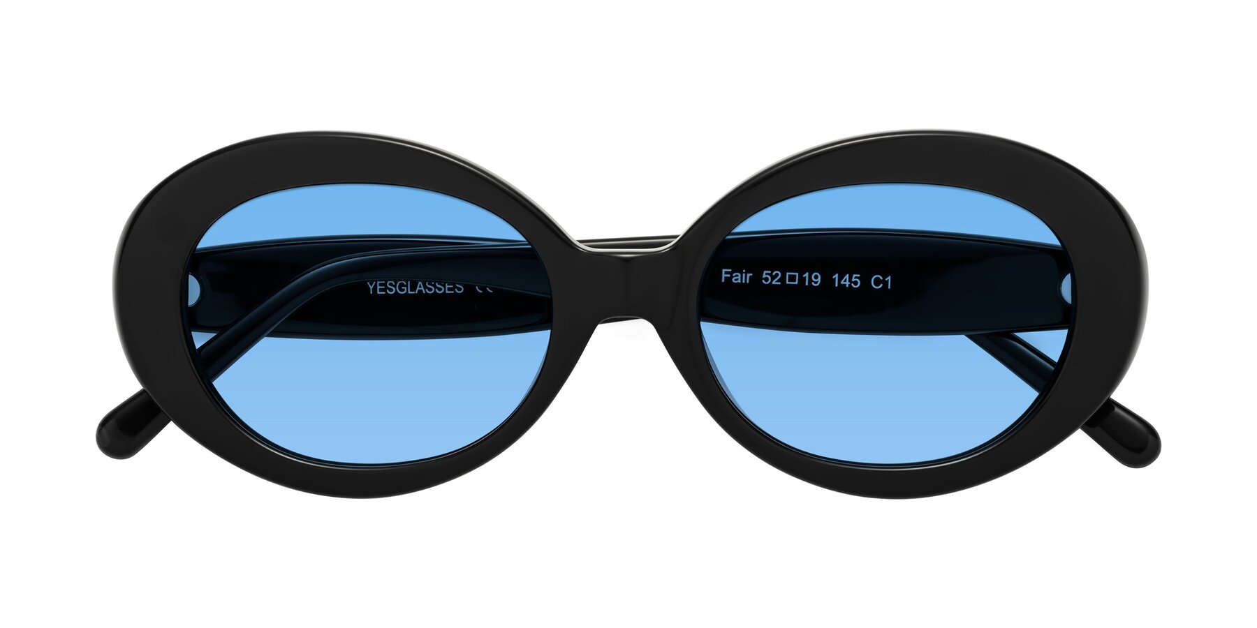 Folded Front of Fair in Black with Medium Blue Tinted Lenses