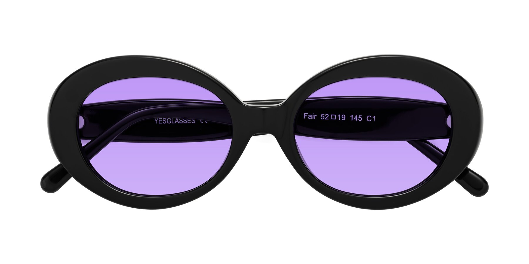 Folded Front of Fair in Black with Medium Purple Tinted Lenses