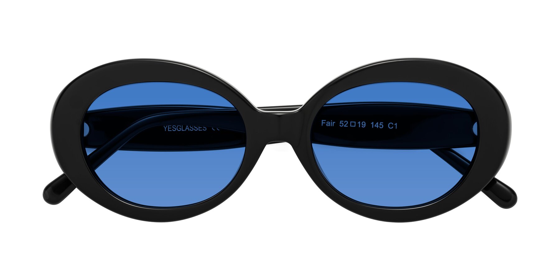 Folded Front of Fair in Black with Blue Tinted Lenses