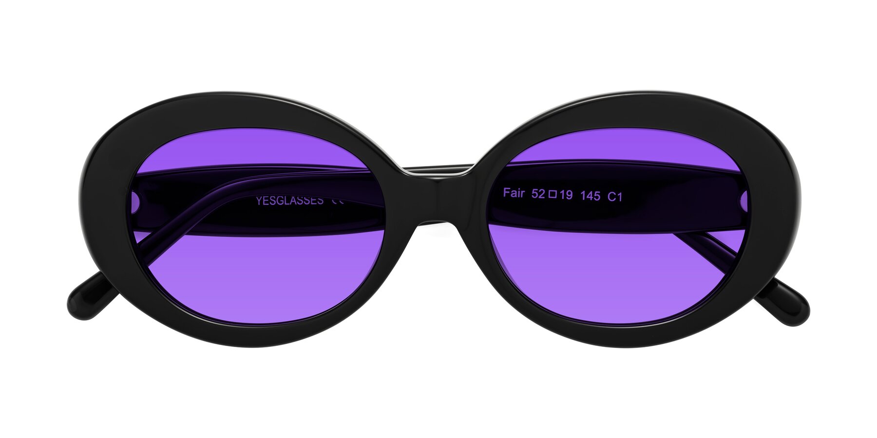 Folded Front of Fair in Black with Purple Tinted Lenses