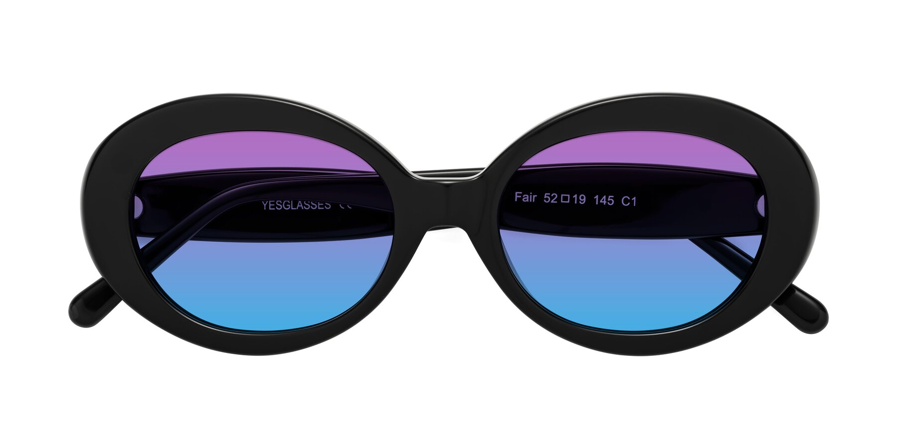 Folded Front of Fair in Black with Purple / Blue Gradient Lenses