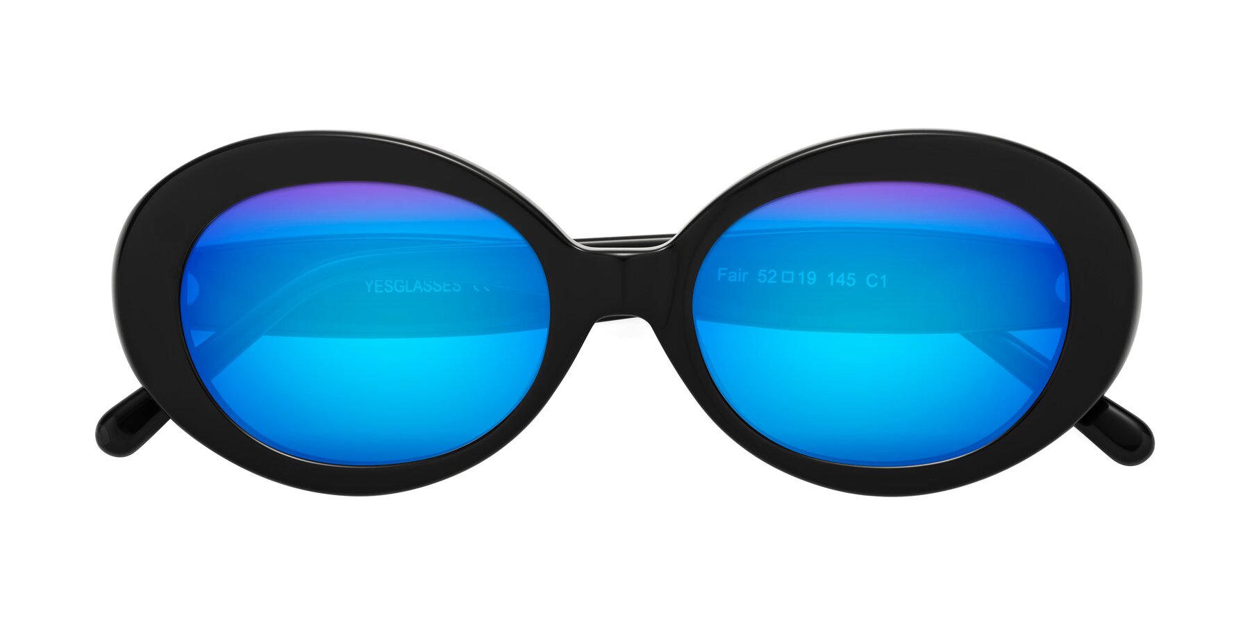 Folded Front of Fair in Black with Blue Mirrored Lenses
