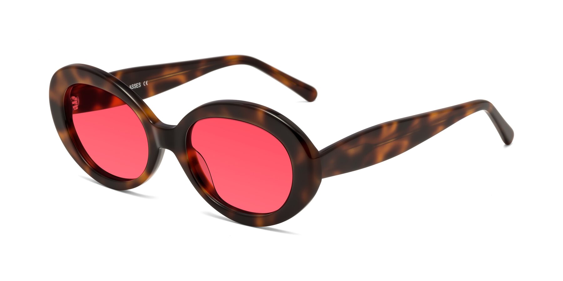 Angle of Fair in Tortoise with Red Tinted Lenses