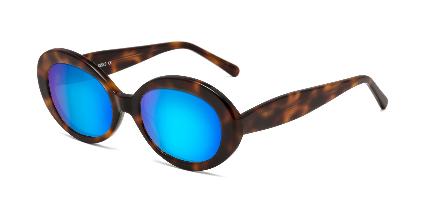 Angle of Fair in Tortoise with Blue Mirrored Lenses