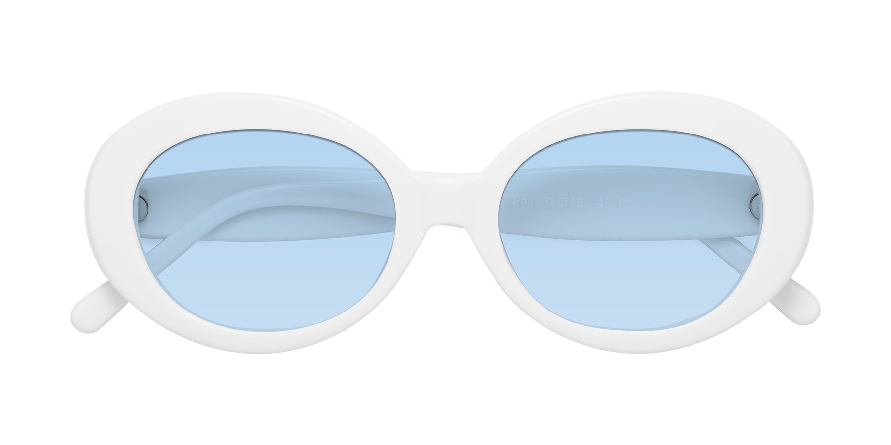 Folded Front of Fair in White with Light Blue Tinted Lenses