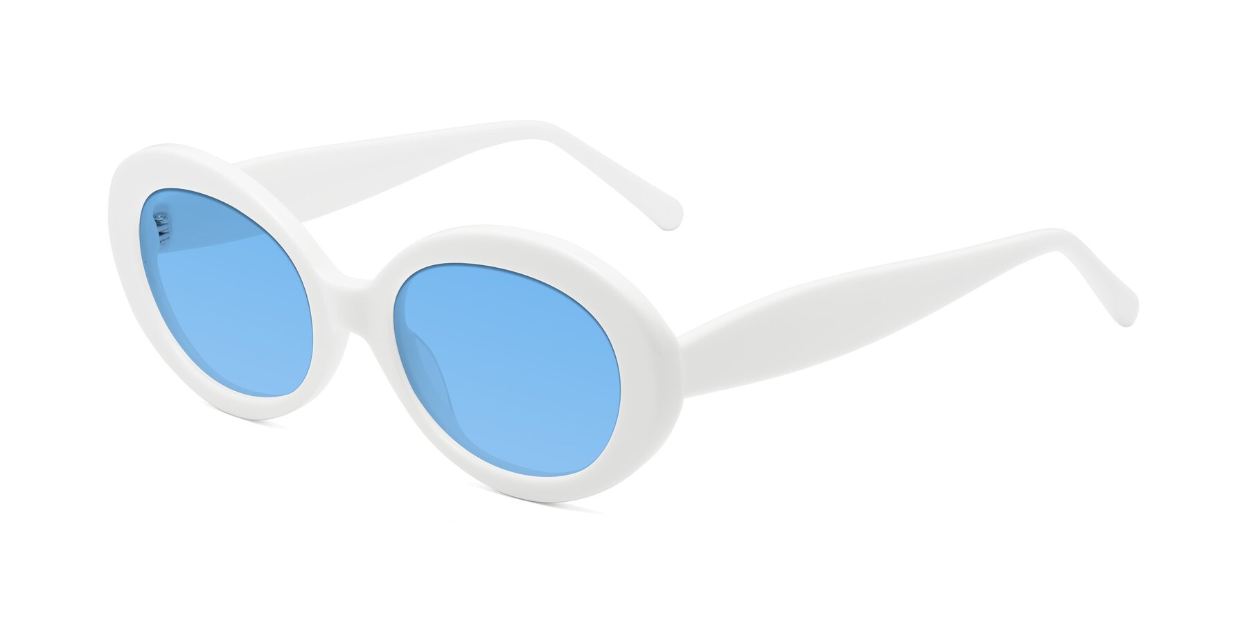 Angle of Fair in White with Medium Blue Tinted Lenses