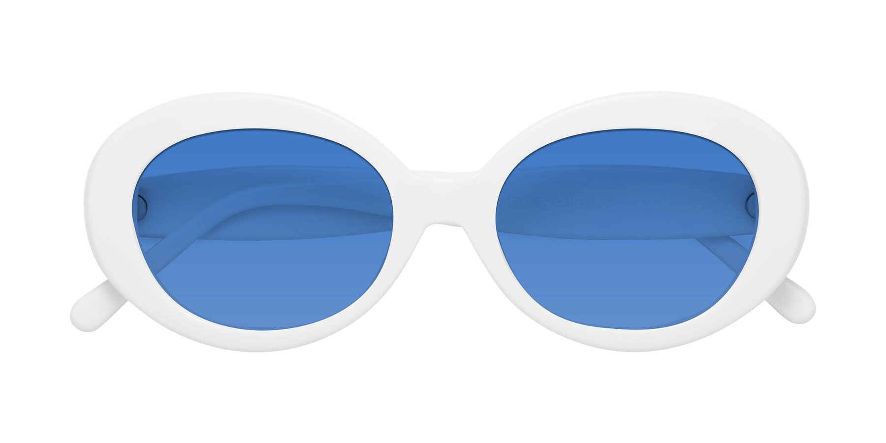 Folded Front of Fair in White with Blue Tinted Lenses