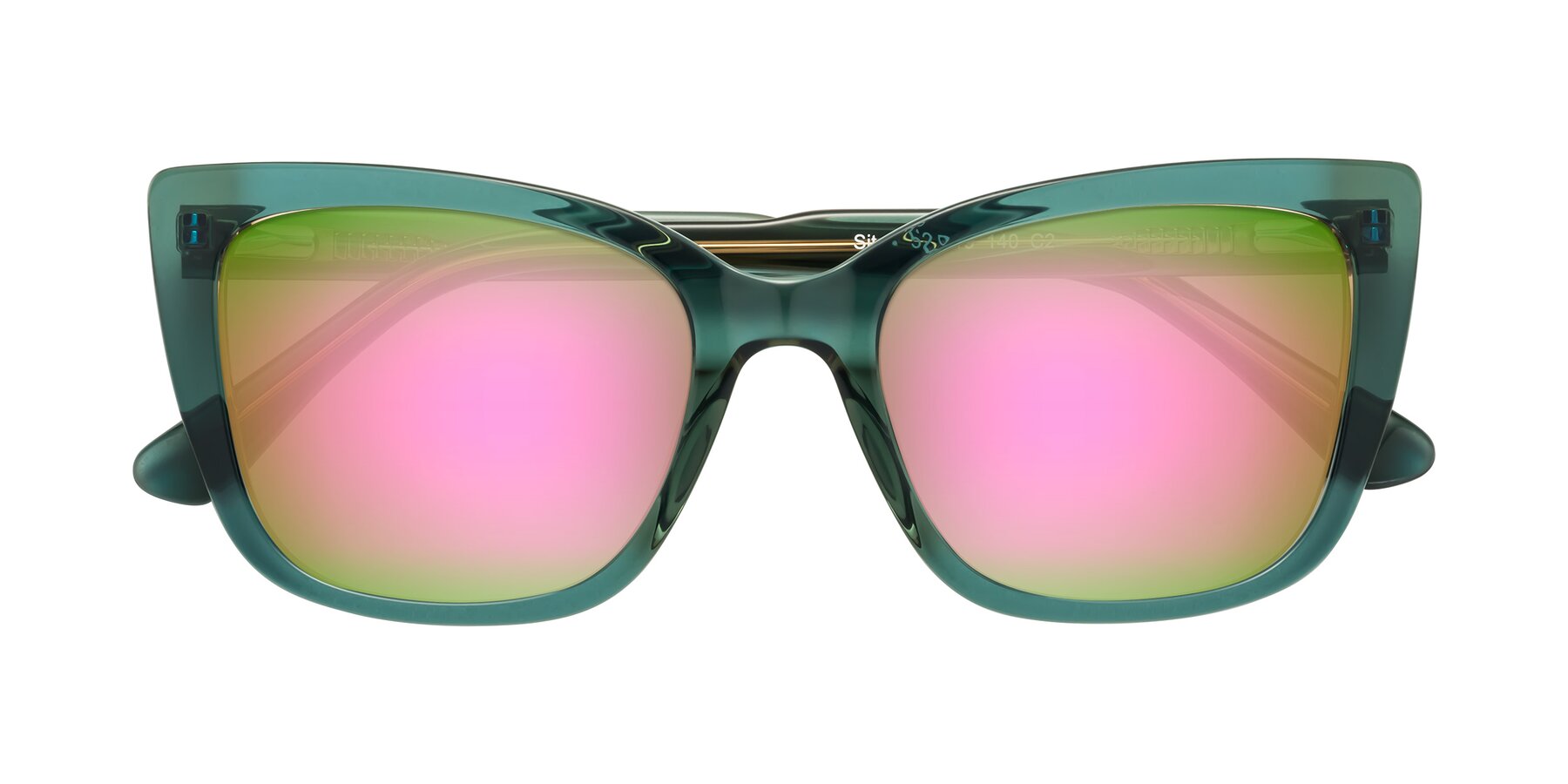 Folded Front of Sites in Transparent Green with Pink Mirrored Lenses