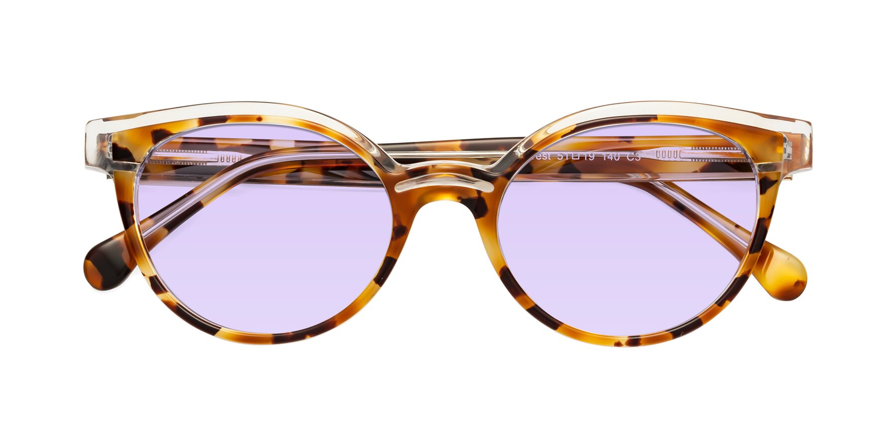 Folded Front of Forest in Ginger Tortoise with Light Purple Tinted Lenses