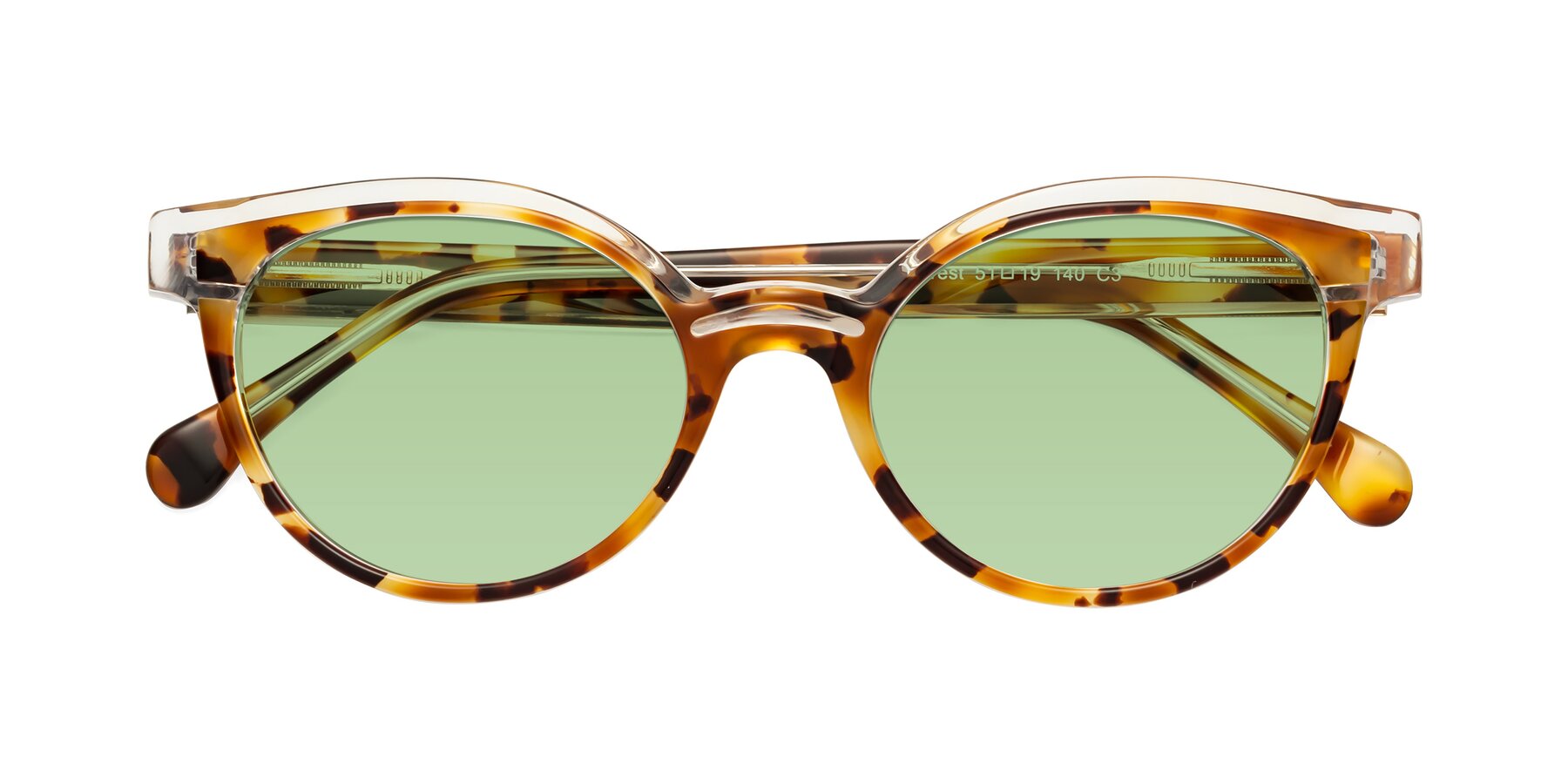 Folded Front of Forest in Ginger Tortoise with Medium Green Tinted Lenses
