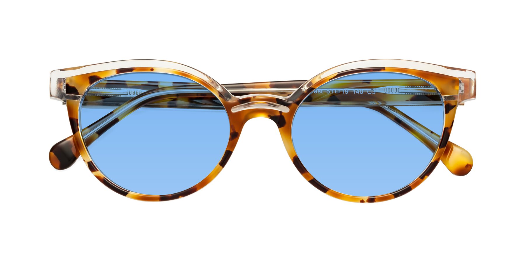 Folded Front of Forest in Ginger Tortoise with Medium Blue Tinted Lenses