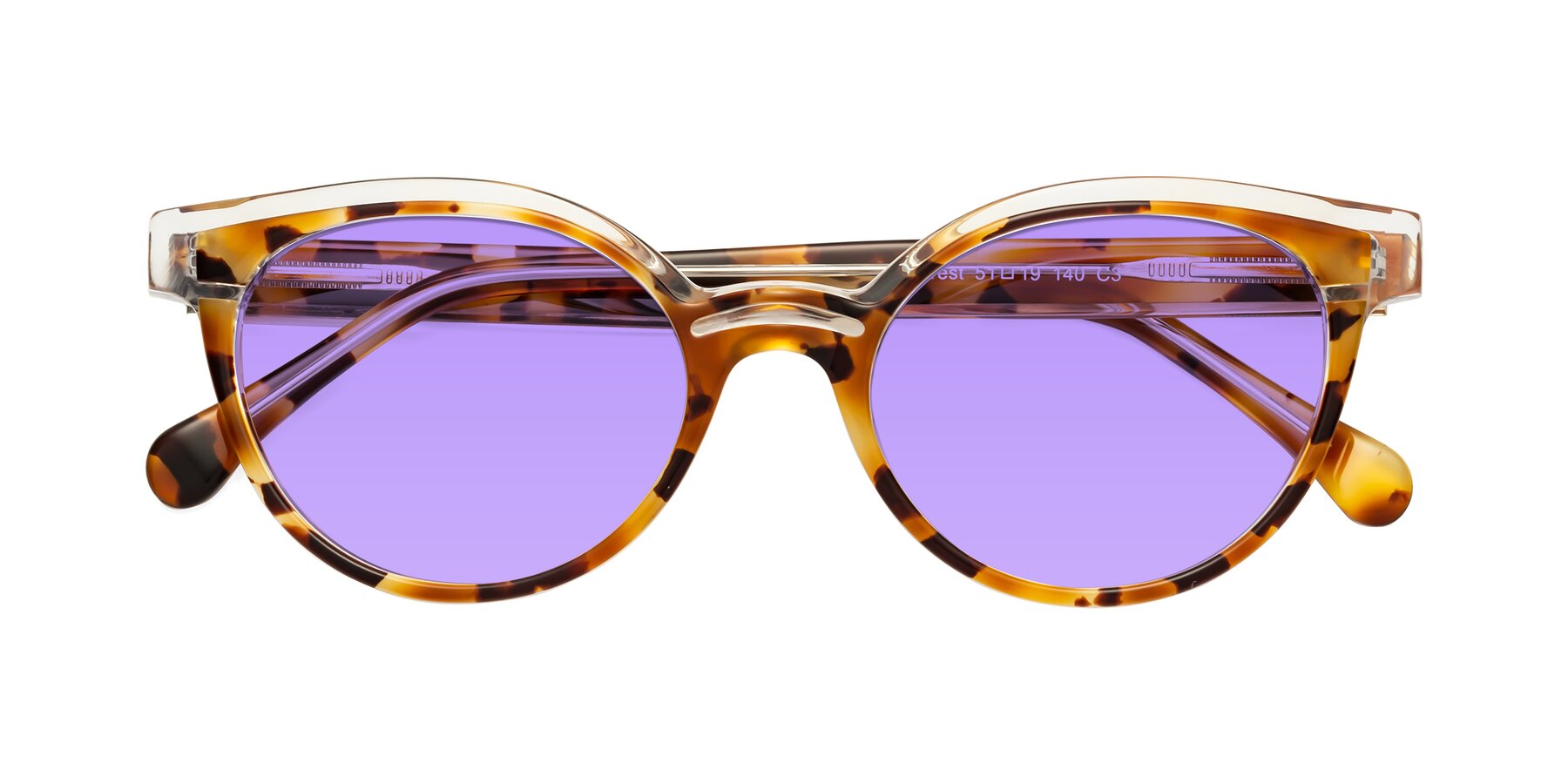 Folded Front of Forest in Ginger Tortoise with Medium Purple Tinted Lenses