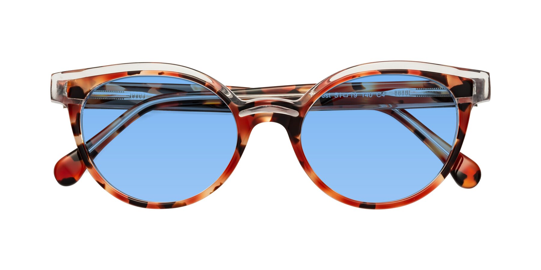 Folded Front of Forest in Vermillion Tortoise with Medium Blue Tinted Lenses