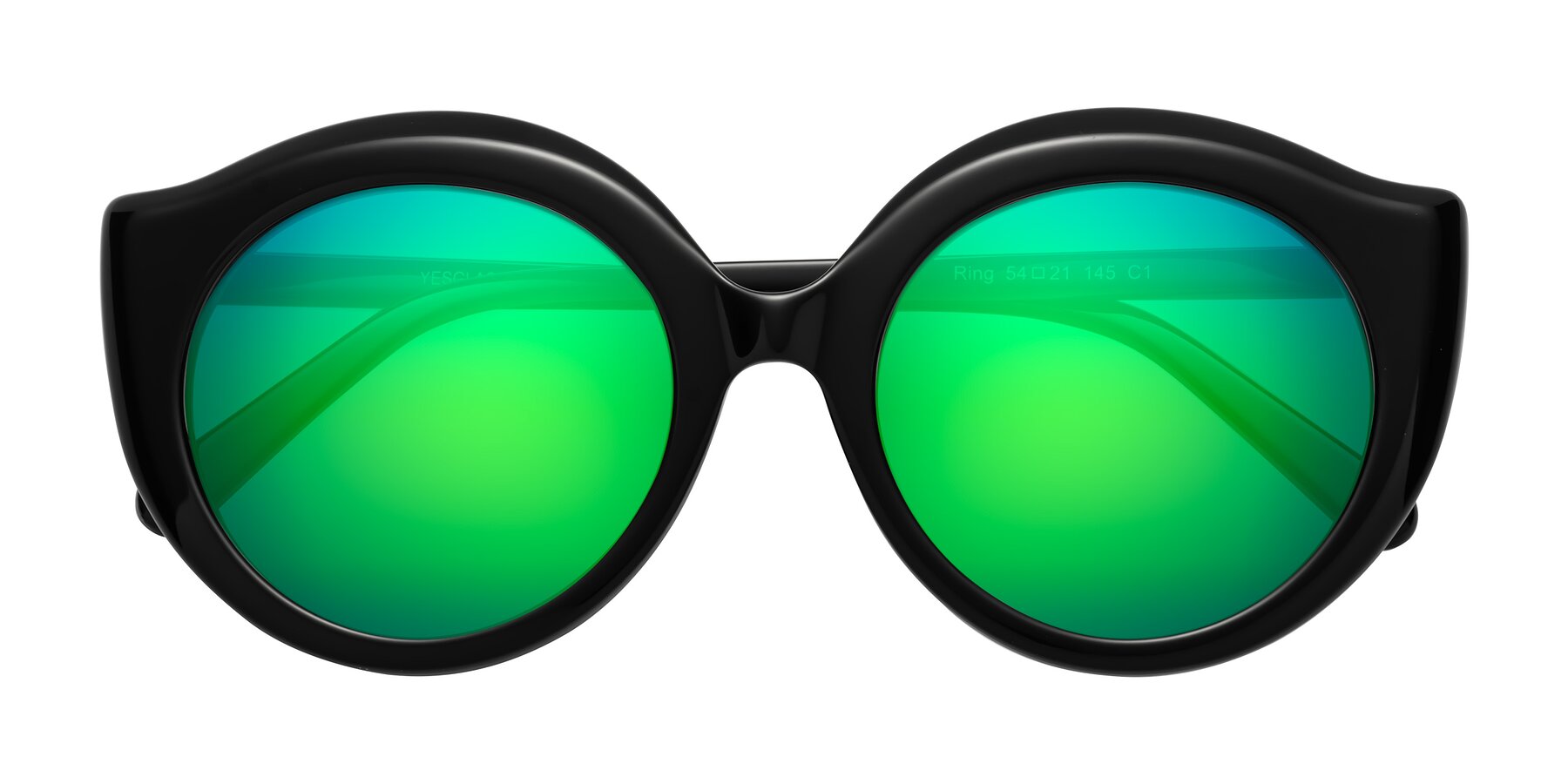 Folded Front of Ring in Black with Green Mirrored Lenses