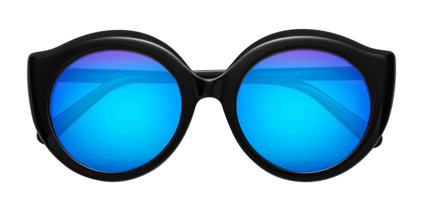 Folded Front of Ring in Black with Blue Mirrored Lenses