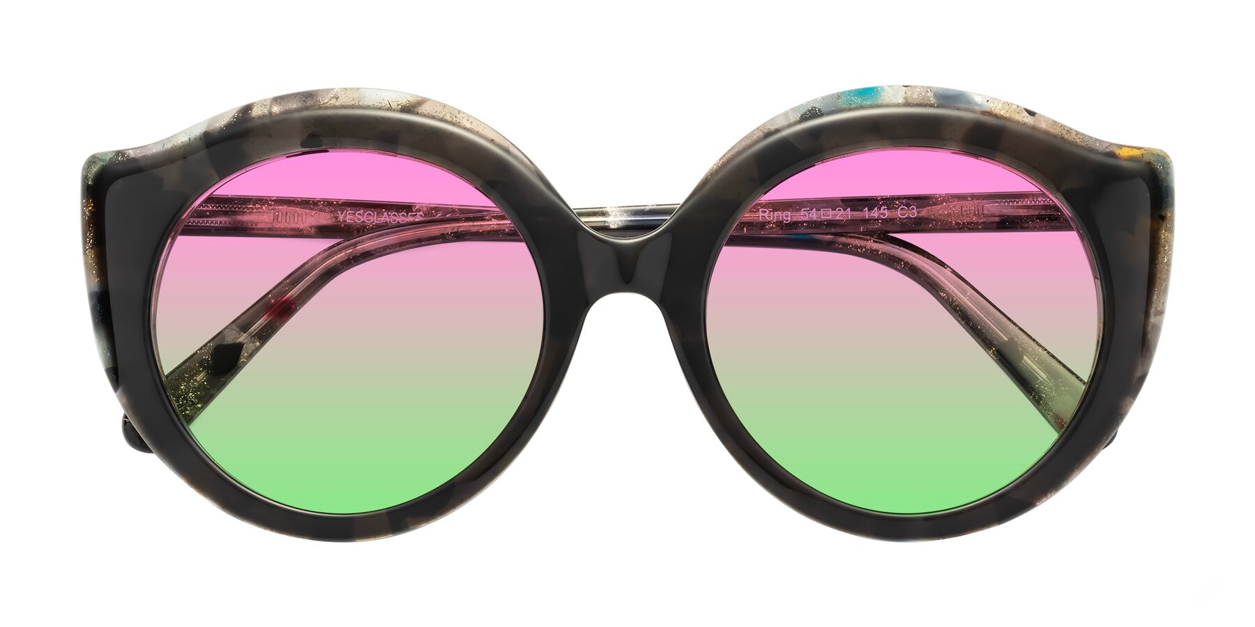 Folded Front of Ring in Dark Gray with Pink / Green Gradient Lenses