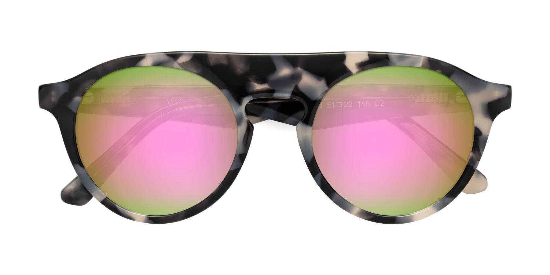 Folded Front of Band in Ivory Tortoise with Pink Mirrored Lenses