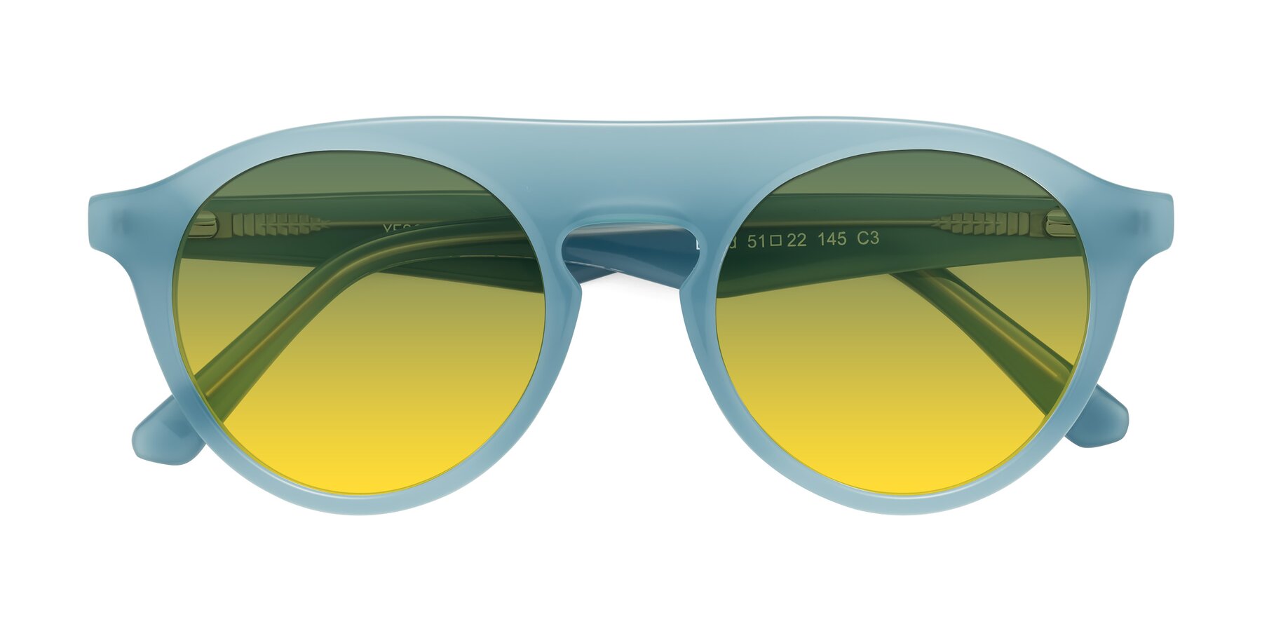Folded Front of Band in Haze Blue with Green / Yellow Gradient Lenses