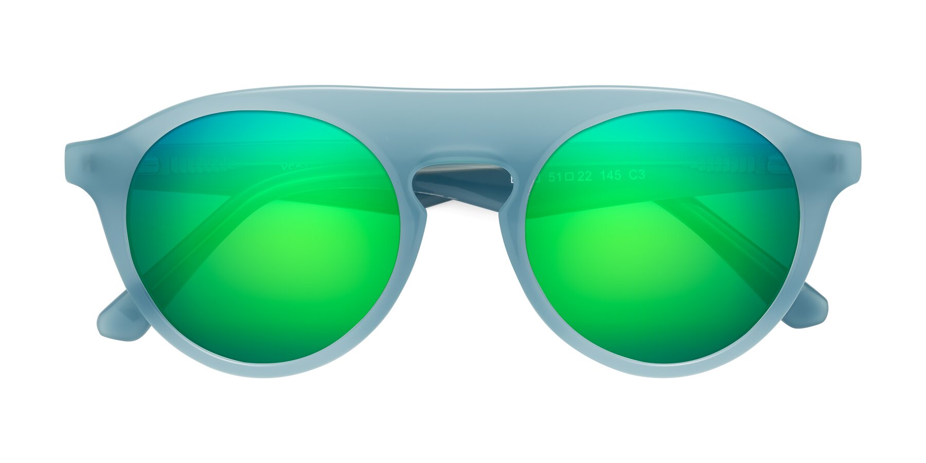 Folded Front of Band in Haze Blue with Green Mirrored Lenses