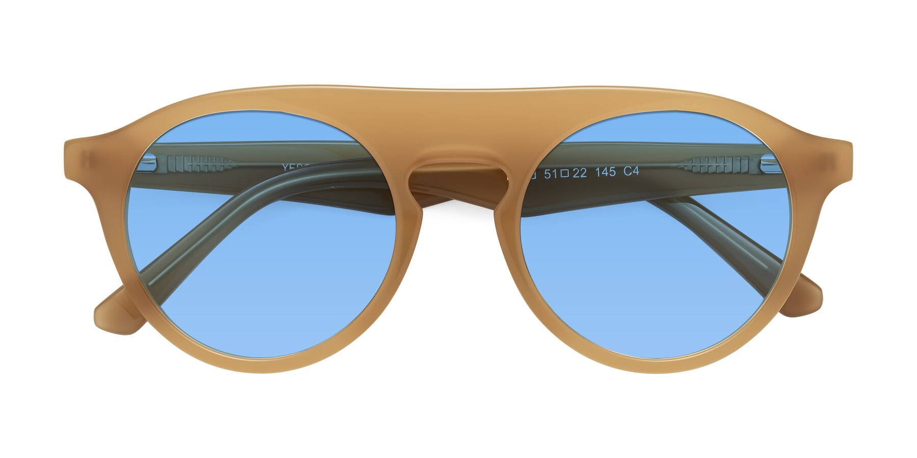 Folded Front of Band in Caramel with Medium Blue Tinted Lenses