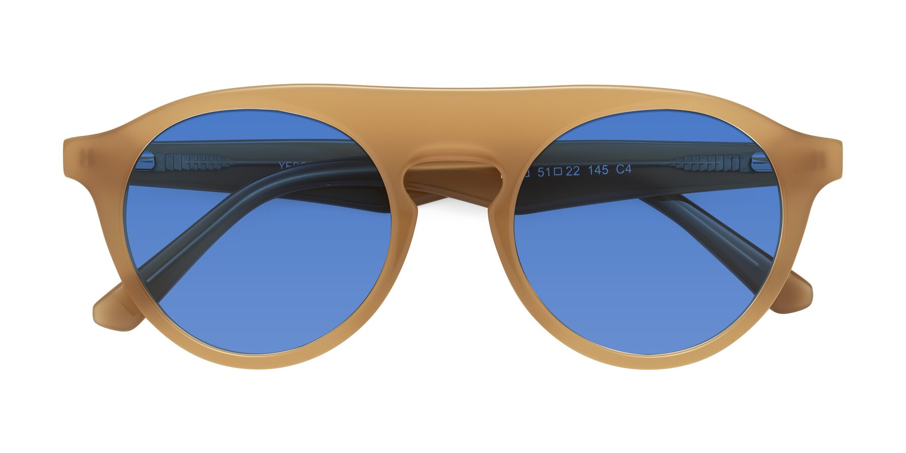 Folded Front of Band in Caramel with Blue Tinted Lenses