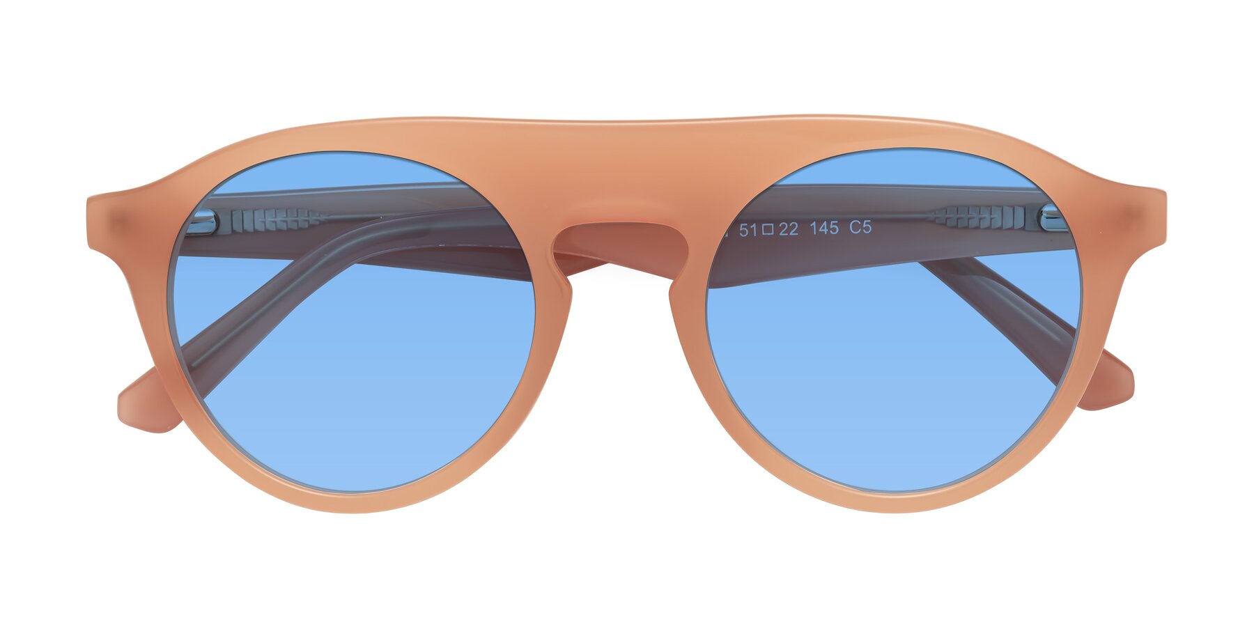 Folded Front of Band in Peach with Medium Blue Tinted Lenses