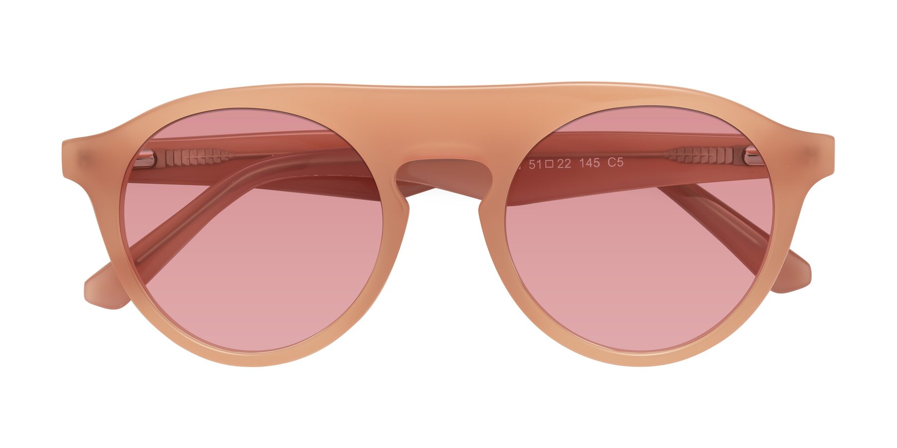 Folded Front of Band in Peach with Medium Garnet Tinted Lenses