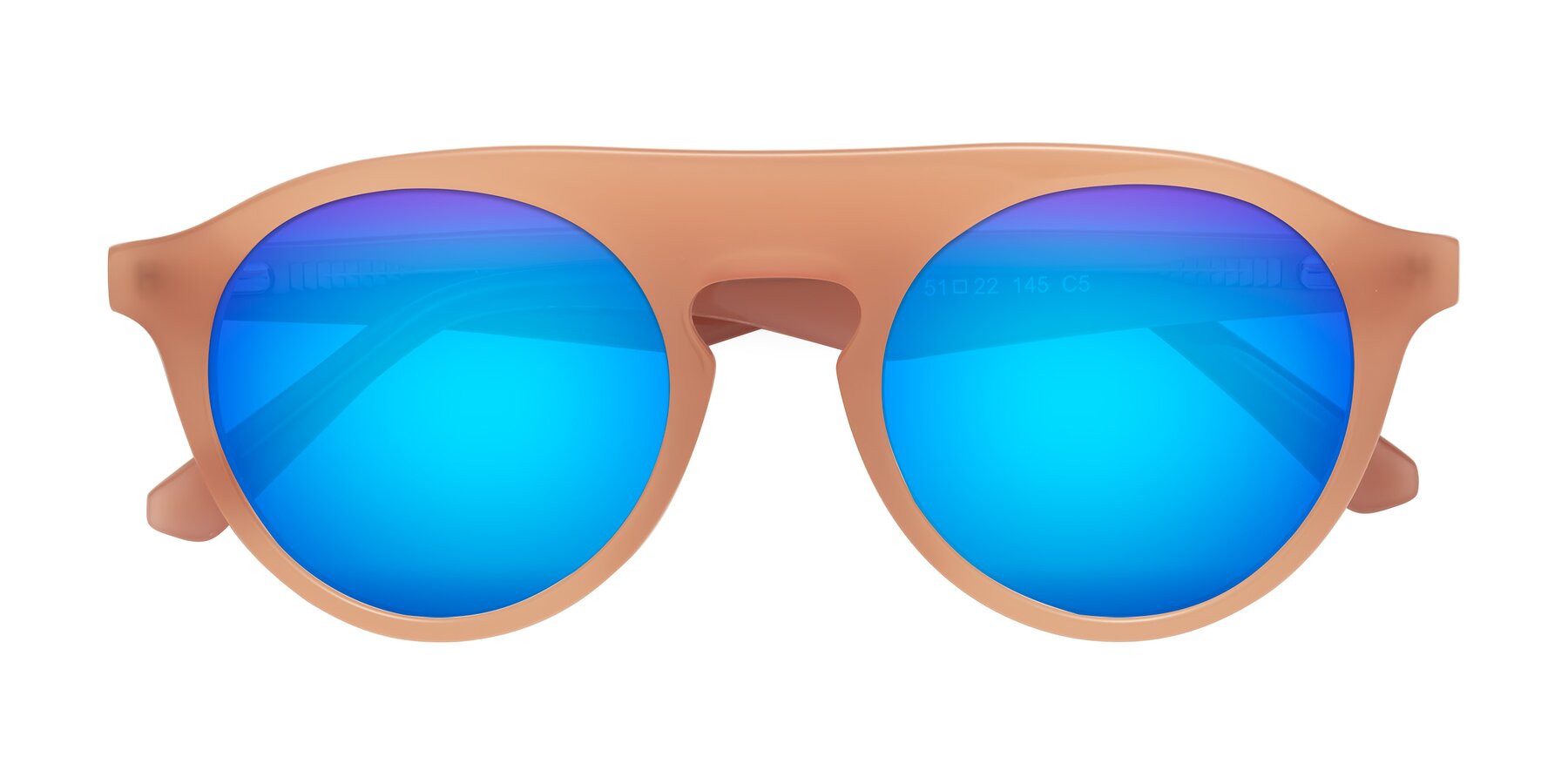 Folded Front of Band in Peach with Blue Mirrored Lenses