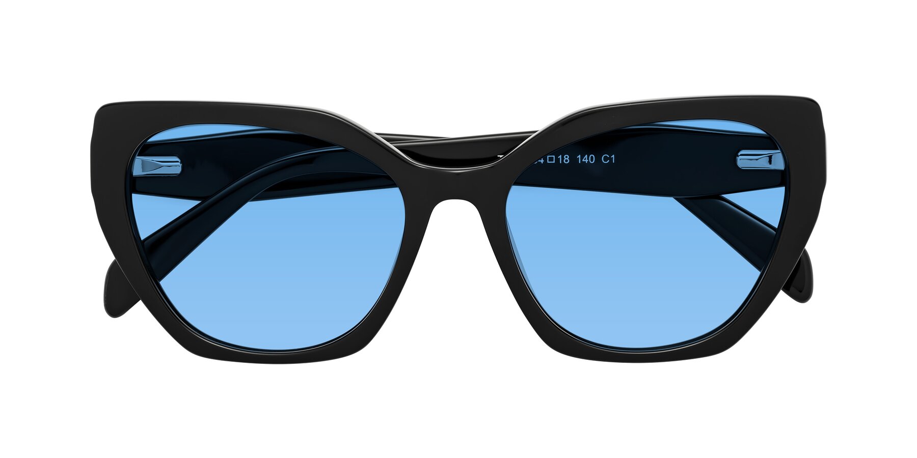 Folded Front of Tilton in Black with Medium Blue Tinted Lenses