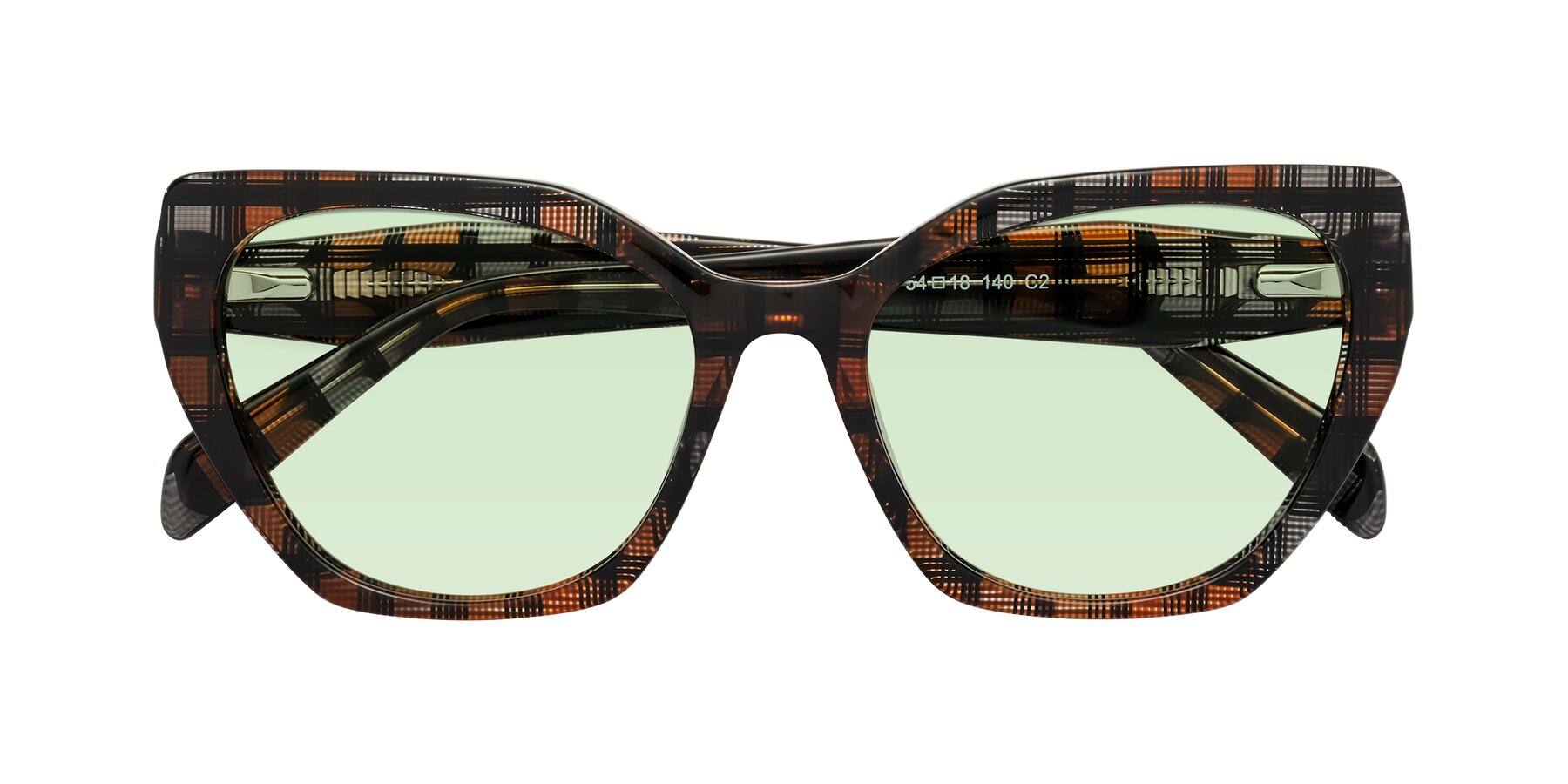 Folded Front of Tilton in Brown Grid with Light Green Tinted Lenses