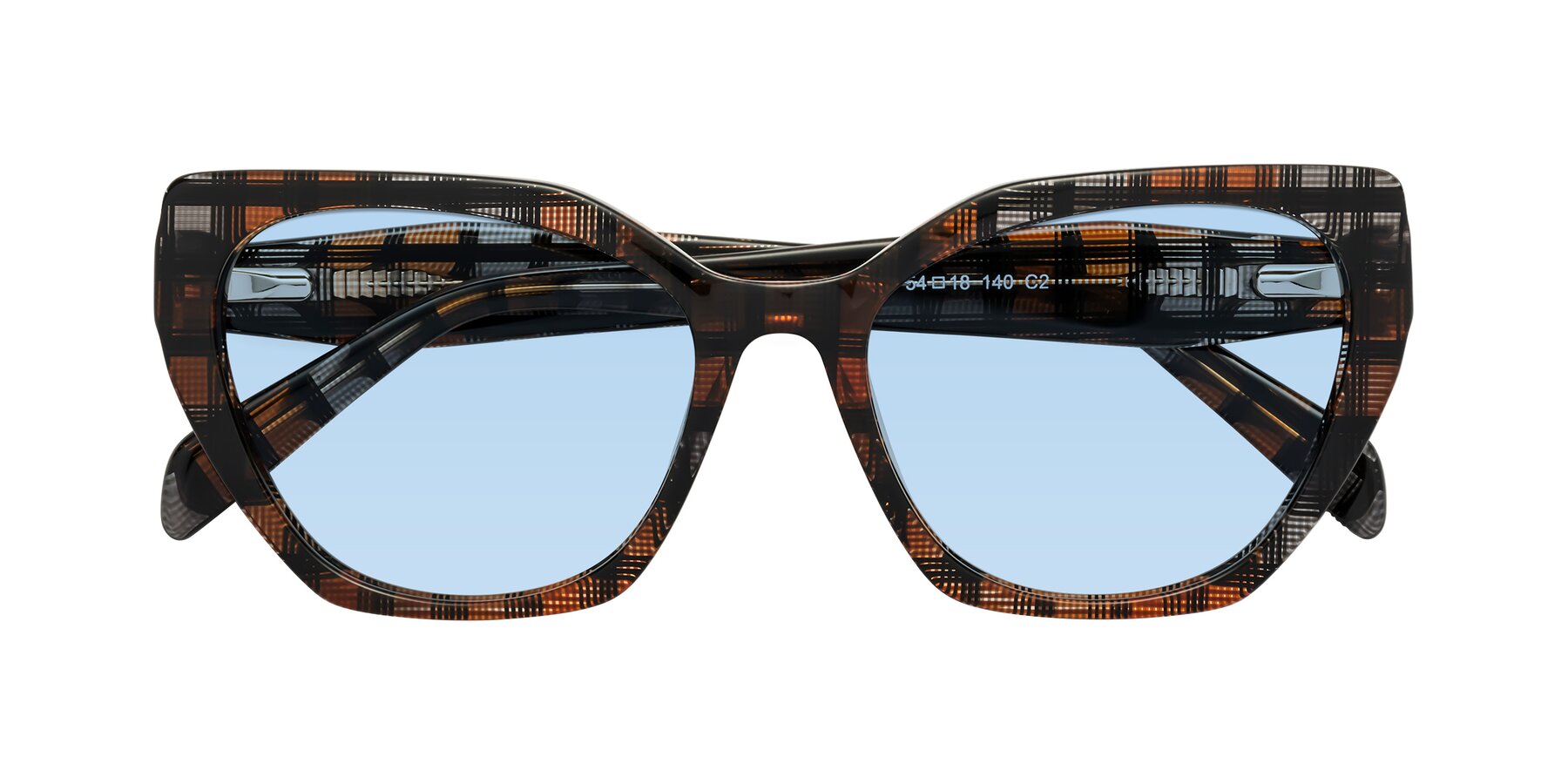 Folded Front of Tilton in Brown Grid with Light Blue Tinted Lenses