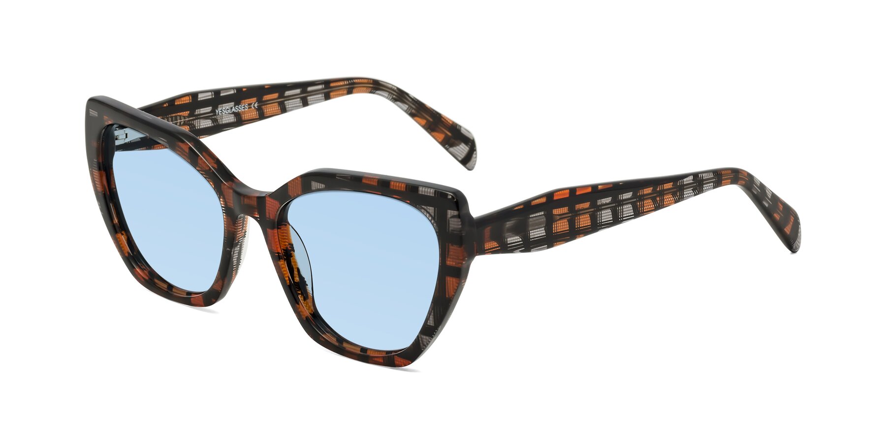 Angle of Tilton in Brown Grid with Light Blue Tinted Lenses