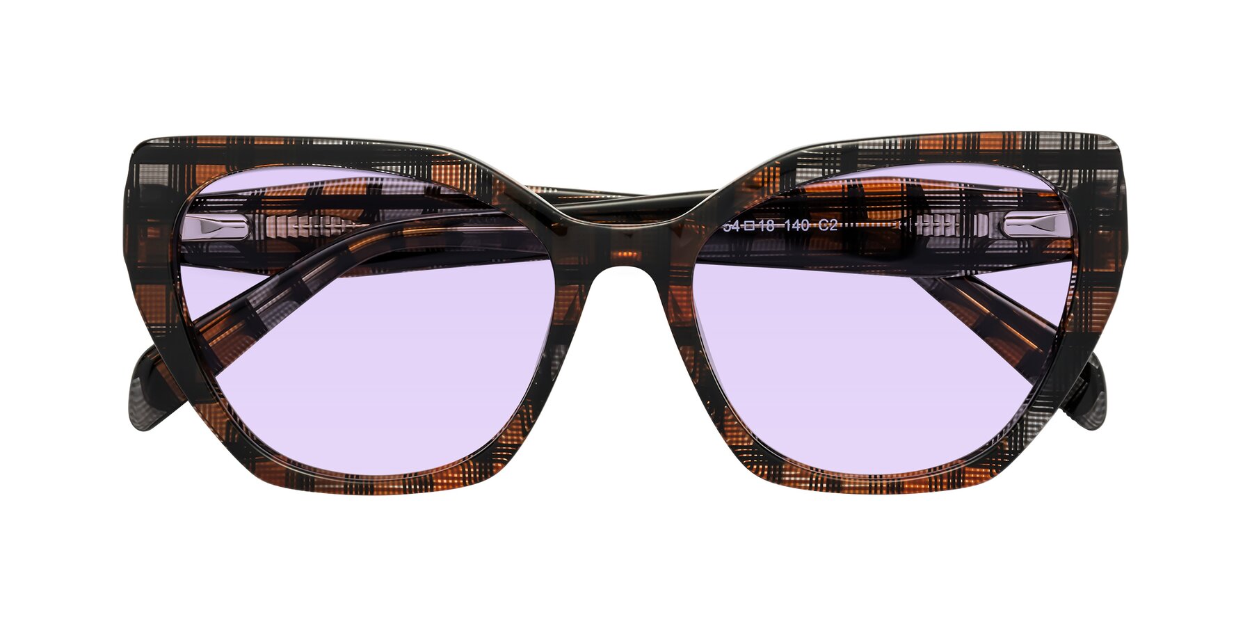 Folded Front of Tilton in Brown Grid with Light Purple Tinted Lenses