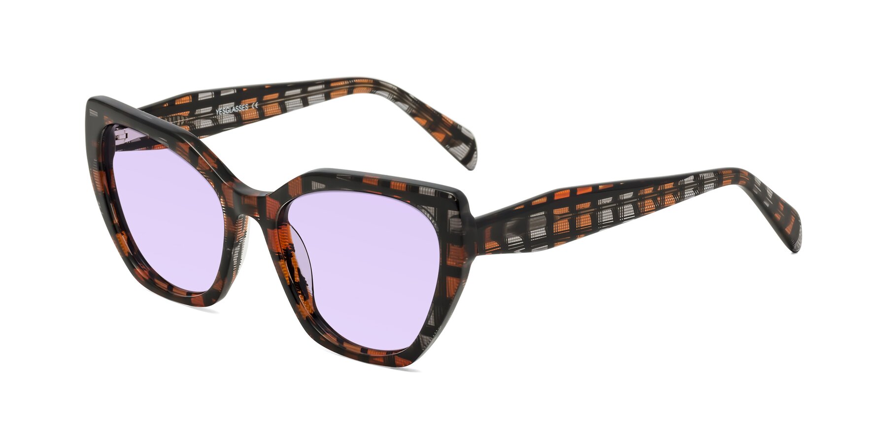 Angle of Tilton in Brown Grid with Light Purple Tinted Lenses