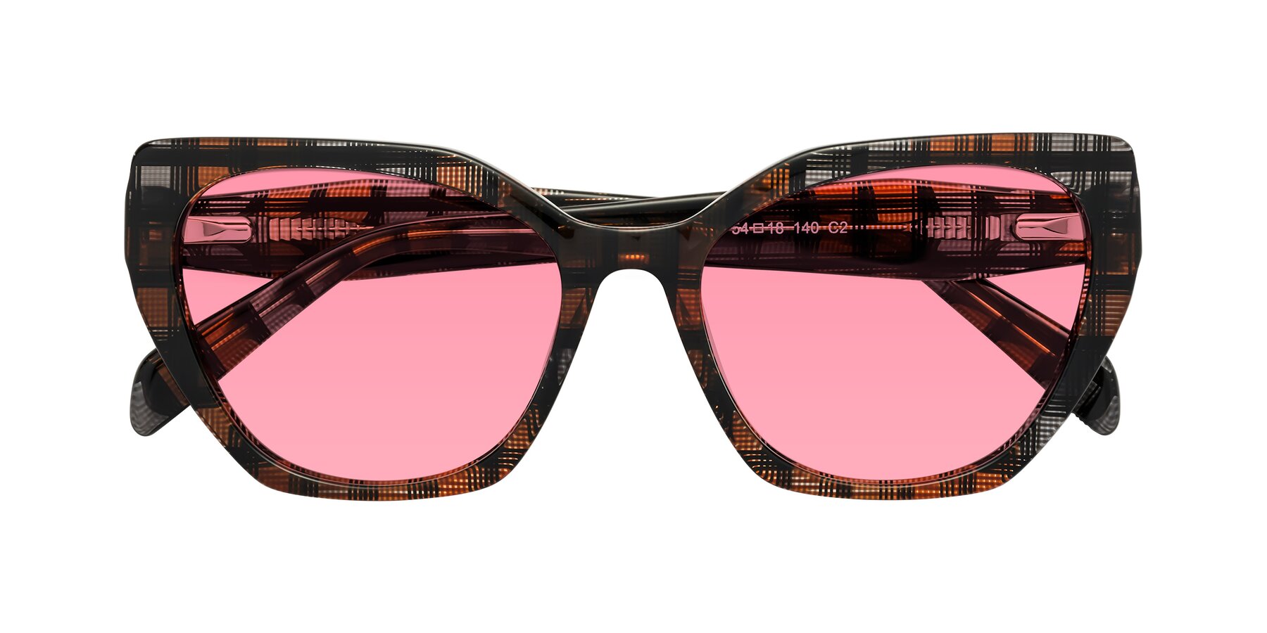 Folded Front of Tilton in Brown Grid with Pink Tinted Lenses