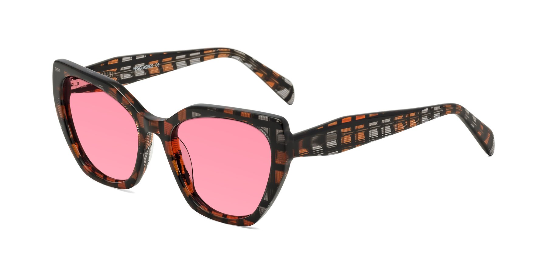 Angle of Tilton in Brown Grid with Pink Tinted Lenses