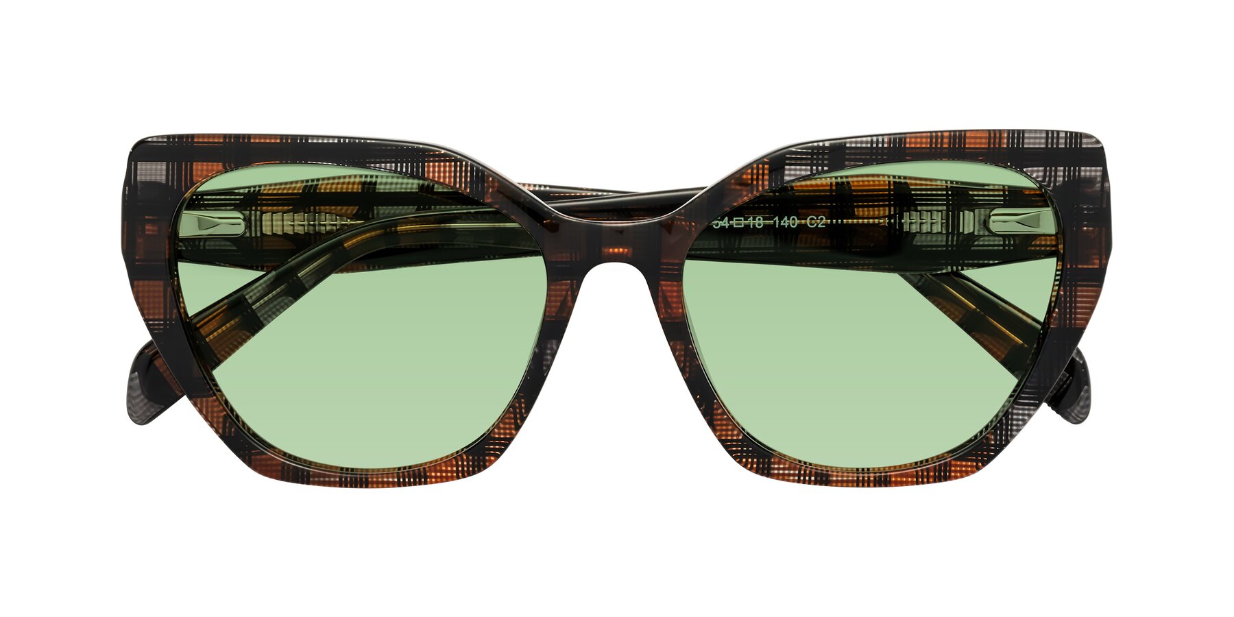Folded Front of Tilton in Brown Grid with Medium Green Tinted Lenses