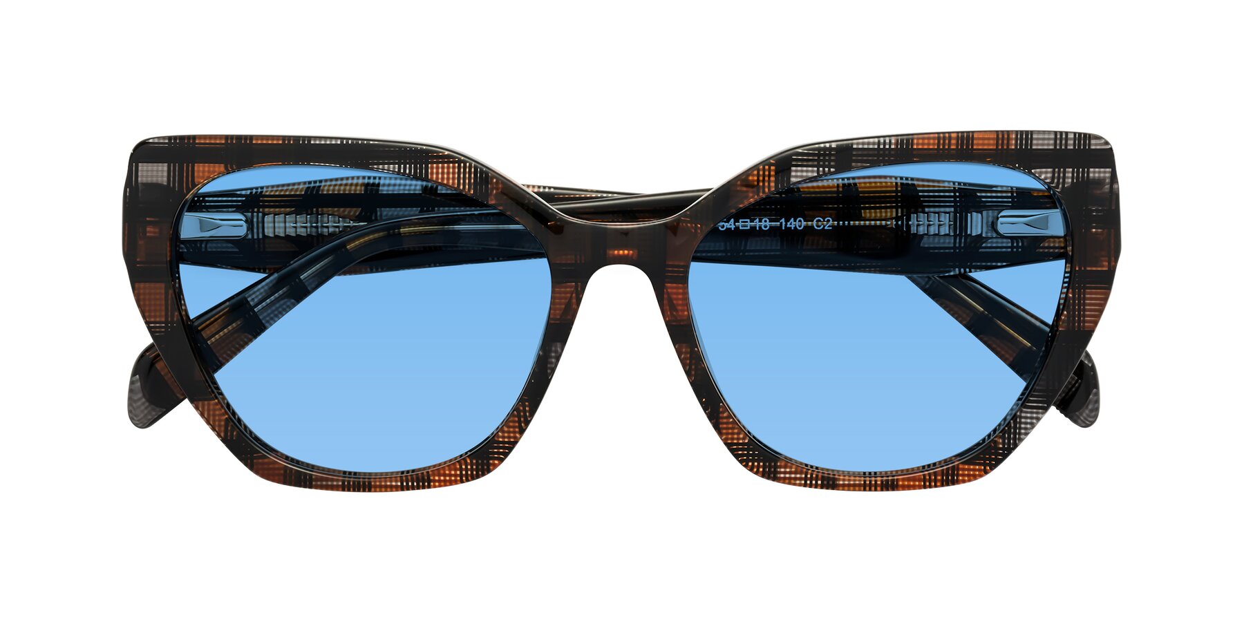 Folded Front of Tilton in Brown Grid with Medium Blue Tinted Lenses